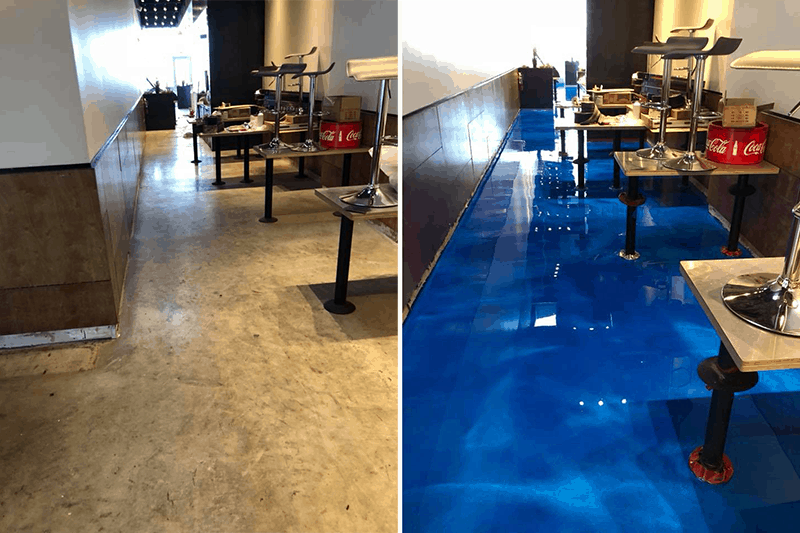 Before and after look of a blue epoxy coated restaurants floor