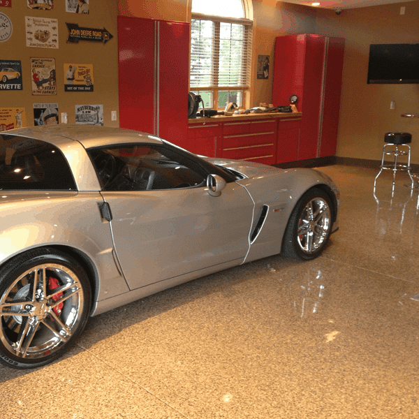 Chip flake epoxy coating on a luxury garage floor, reflaction looking really good