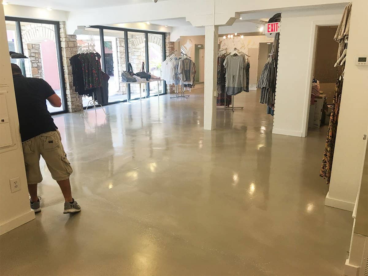 Solid shiny epoxy coated in a commercial retail store floor